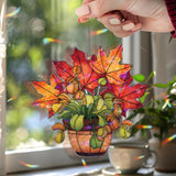 Autumn Leaves Acrylic Suncatcher, Fall Maple Leaf and Flower Pot Window Hanging, Seasonal Nature Home Decor Thanksgiving Gift