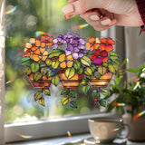 Flower Basket Acrylic Suncatcher, Hanging Bloom Window Panel with Colorful Petals and Green Leaves, Garden Floral Home Decor Gift