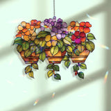Flower Basket Acrylic Suncatcher, Hanging Bloom Window Panel with Colorful Petals and Green Leaves, Garden Floral Home Decor Gift
