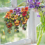 Flower Basket Acrylic Suncatcher, Hanging Bloom Window Panel with Colorful Petals and Green Leaves, Garden Floral Home Decor Gift