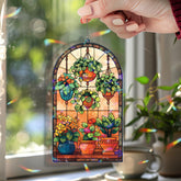 Plants Acrylic Suncatcher, Hanging Pot and Flower Window Panel with Green Leaves, Colorful Garden Room Decor Gift