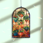Plants Acrylic Suncatcher, Hanging Pot and Flower Window Panel with Green Leaves, Colorful Garden Room Decor Gift