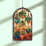 Plants Acrylic Suncatcher, Hanging Pot and Flower Window Panel with Green Leaves, Colorful Garden Room Decor Gift