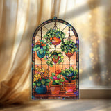 Plants Acrylic Suncatcher, Hanging Pot and Flower Window Panel with Green Leaves, Colorful Garden Room Decor Gift