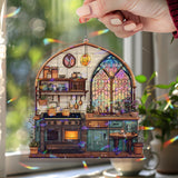 Kitchen Acrylic Suncatcher, Cozy Stove and Window Hanging with Plants, Teapot and Table, Cottage Home Decor Gift