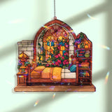 Bedroom Acrylic Suncatcher, Cozy Bed and Bookshelf Window Hanging with Flowers and Lamp, Cottagecore Home Decor Gift