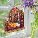 Bedroom Acrylic Suncatcher, Cozy Bed and Bookshelf Window Hanging with Flowers and Lamp, Cottagecore Home Decor Gift