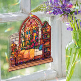 Bedroom Acrylic Suncatcher, Cozy Bed and Bookshelf Window Hanging with Flowers and Lamp, Cottagecore Home Decor Gift