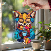 Fox Acrylic Suncatcher, Cute Winter Animal Window Hanging with Glasses, Scarf and Coffee Cup, Cozy Woodland Home Decor Gift
