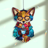 Fox Acrylic Suncatcher, Cute Winter Animal Window Hanging with Glasses, Scarf and Coffee Cup, Cozy Woodland Home Decor Gift