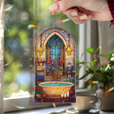 Bathroom Acrylic Suncatcher, Relaxing Spa Tub Window Hanging with Flowers, Candles and Lanterns, Cozy Home Gift