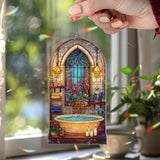 Bathroom Acrylic Suncatcher, Relaxing Spa Tub Window Hanging with Flowers, Candles and Lanterns, Cozy Home Gift