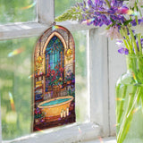 Bathroom Acrylic Suncatcher, Relaxing Spa Tub Window Hanging with Flowers, Candles and Lanterns, Cozy Home Gift