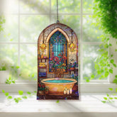 Bathroom Acrylic Suncatcher, Relaxing Spa Tub Window Hanging with Flowers, Candles and Lanterns, Cozy Home Gift