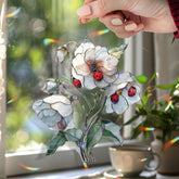 White Flower Ladybug Acrylic Suncatcher, Stained Glass Style Window Hanging with Blooming Petals and Red Insects, Nature Home Decor