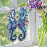 Seahorse Pair Acrylic Suncatcher, Stained Glass Style Ocean Window Hanging with Blue Sea Creatures, Coastal Nautical Home Decor Gift