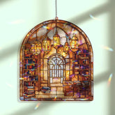 Library Acrylic Suncatcher, Stained Glass Style Arched Window Panel with Bookshelves, Desk and Lanterns, Cozy Book Lover Home Decor