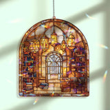 Library Acrylic Suncatcher, Stained Glass Style Arched Window Panel with Bookshelves, Desk and Lanterns, Cozy Book Lover Home Decor