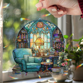 Reading Nook Acrylic Suncatcher, Stained Glass Style Arched Window Panel with Chair, Lamp, Books and Plants, Cozy Book Lover Home Decor