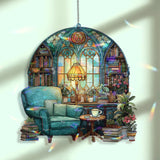 Reading Nook Acrylic Suncatcher, Stained Glass Style Arched Window Panel with Chair, Lamp, Books and Plants, Cozy Book Lover Home Decor