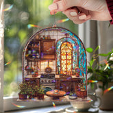 Rustic Kitchen Acrylic Suncatcher, Stained Glass Style Arched Window Panel with Stove, Plants, Pots and Cozy Home Cooking Decor