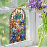 Floral Pot Acrylic Suncatcher, Stained Glass Style Arched Window Panel with Hanging Plants, Colorful Flowers and Leaves, Garden Home Decor