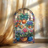 Floral Pot Acrylic Suncatcher, Stained Glass Style Arched Window Panel with Hanging Plants, Colorful Flowers and Leaves, Garden Home Decor