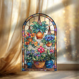 Floral Pot Acrylic Suncatcher, Stained Glass Style Arched Window Panel with Hanging Plants, Colorful Flowers and Leaves, Garden Home Decor