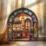 Kitchen Acrylic Suncatcher, Stained Glass Style Arched Window Panel with Stove, Pots, Plants and Cozy Rustic Decor, Cottage Home Accent