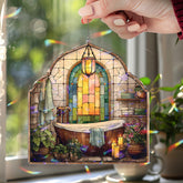 Rustic Bathroom Acrylic Suncatcher, Stained Glass Style Window Panel with Wooden Tub, Candles, Towels and Plants, Cozy Spa Home Decor