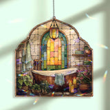 Rustic Bathroom Acrylic Suncatcher, Stained Glass Style Window Panel with Wooden Tub, Candles, Towels and Plants, Cozy Spa Home Decor