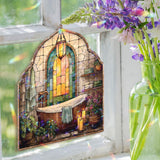 Rustic Bathroom Acrylic Suncatcher, Stained Glass Style Window Panel with Wooden Tub, Candles, Towels and Plants, Cozy Spa Home Decor