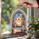 Bathroom Acrylic Suncatcher, Stained Glass Style Arched Window Panel with Bathtub, Candles, Plants and Lantern, Cozy Spa Home Decor