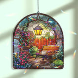 Garden Bench Acrylic Suncatcher, Stained Glass Style Arched Window Panel with Lantern, Flowers and Tea Cup, Cozy Cottage Home Decor