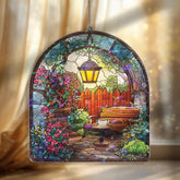 Garden Bench Acrylic Suncatcher, Stained Glass Style Arched Window Panel with Lantern, Flowers and Tea Cup, Cozy Cottage Home Decor