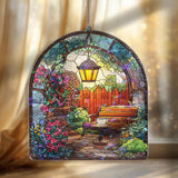 Garden Bench Acrylic Suncatcher, Stained Glass Style Arched Window Panel with Lantern, Flowers and Tea Cup, Cozy Cottage Home Decor