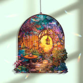 Garden Gate Acrylic Suncatcher, Stained Glass Style Arched Window Panel with Lantern, Blossoms, Bench and Table, Cottagecore Home Decor