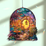 Garden Gate Acrylic Suncatcher, Stained Glass Style Arched Window Panel with Lantern, Blossoms, Bench and Table, Cottagecore Home Decor
