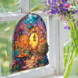 Garden Gate Acrylic Suncatcher, Stained Glass Style Arched Window Panel with Lantern, Blossoms, Bench and Table, Cottagecore Home Decor