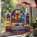 Bedroom Acrylic Suncatcher, Stained Glass Style Arched Floral Window Panel with Bed, Bookshelves and Plants, Cozy Home Decor Gift