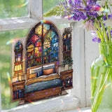 Bedroom Acrylic Suncatcher, Stained Glass Style Arched Floral Window Panel with Bed, Bookshelves and Plants, Cozy Home Decor Gift