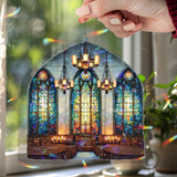 Church Interior Acrylic Suncatcher, Stained Glass Style Window Panel with Cross, Chandeliers and Pews, Christian Religious Home Decor