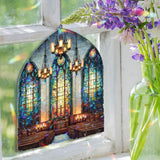 Church Interior Acrylic Suncatcher, Stained Glass Style Window Panel with Cross, Chandeliers and Pews, Christian Religious Home Decor