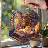 Cozy Bedroom Acrylic Suncatcher, Stained Glass Style Arched Window Panel with Bed, Bookshelves, Plants and Warm Light Home Decor
