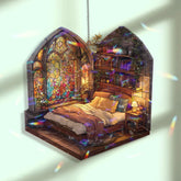 Cozy Bedroom Acrylic Suncatcher, Stained Glass Style Arched Window Panel with Bed, Bookshelves, Plants and Warm Light Home Decor