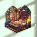 Cozy Bedroom Acrylic Suncatcher, Stained Glass Style Arched Window Panel with Bed, Bookshelves, Plants and Warm Light Home Decor