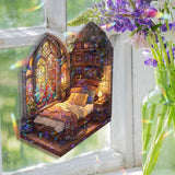 Cozy Bedroom Acrylic Suncatcher, Stained Glass Style Arched Window Panel with Bed, Bookshelves, Plants and Warm Light Home Decor