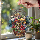 Mushroom Basket Acrylic Suncatcher, Stained Glass Style Window Hanging with Colorful Fungi, Leaves, Flowers and Berries Cottagecore Decor