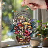 Mushroom Basket Acrylic Suncatcher, Stained Glass Style Window Hanging with Colorful Fungi, Leaves, Flowers and Berries Cottagecore Decor