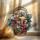 Mushroom Basket Acrylic Suncatcher, Stained Glass Style Window Hanging with Colorful Fungi, Leaves, Flowers and Berries Cottagecore Decor